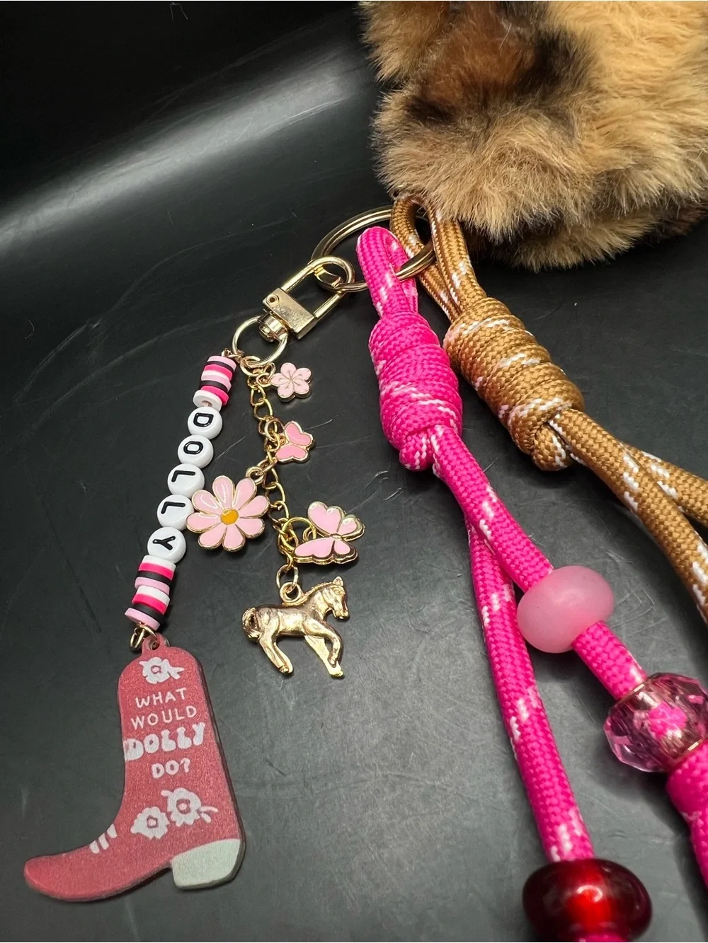 Dolly Inspired Gold Cheetah Heart Fur Pom Bag Charm Keychain 🐎💗